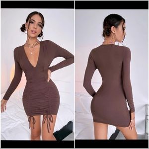 Long sleeve brown rutched tie up dress